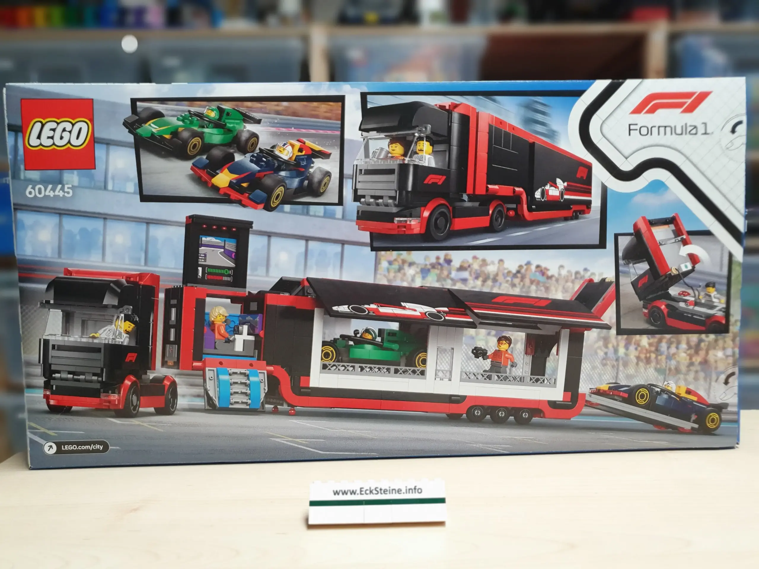 EckSteine Produktbild vom Set F1 Transporter mit RB20 & AMR24 F1 Rennautos der Marke LEGO mit der Setnummer 60445 aus der Kategorie CITY.